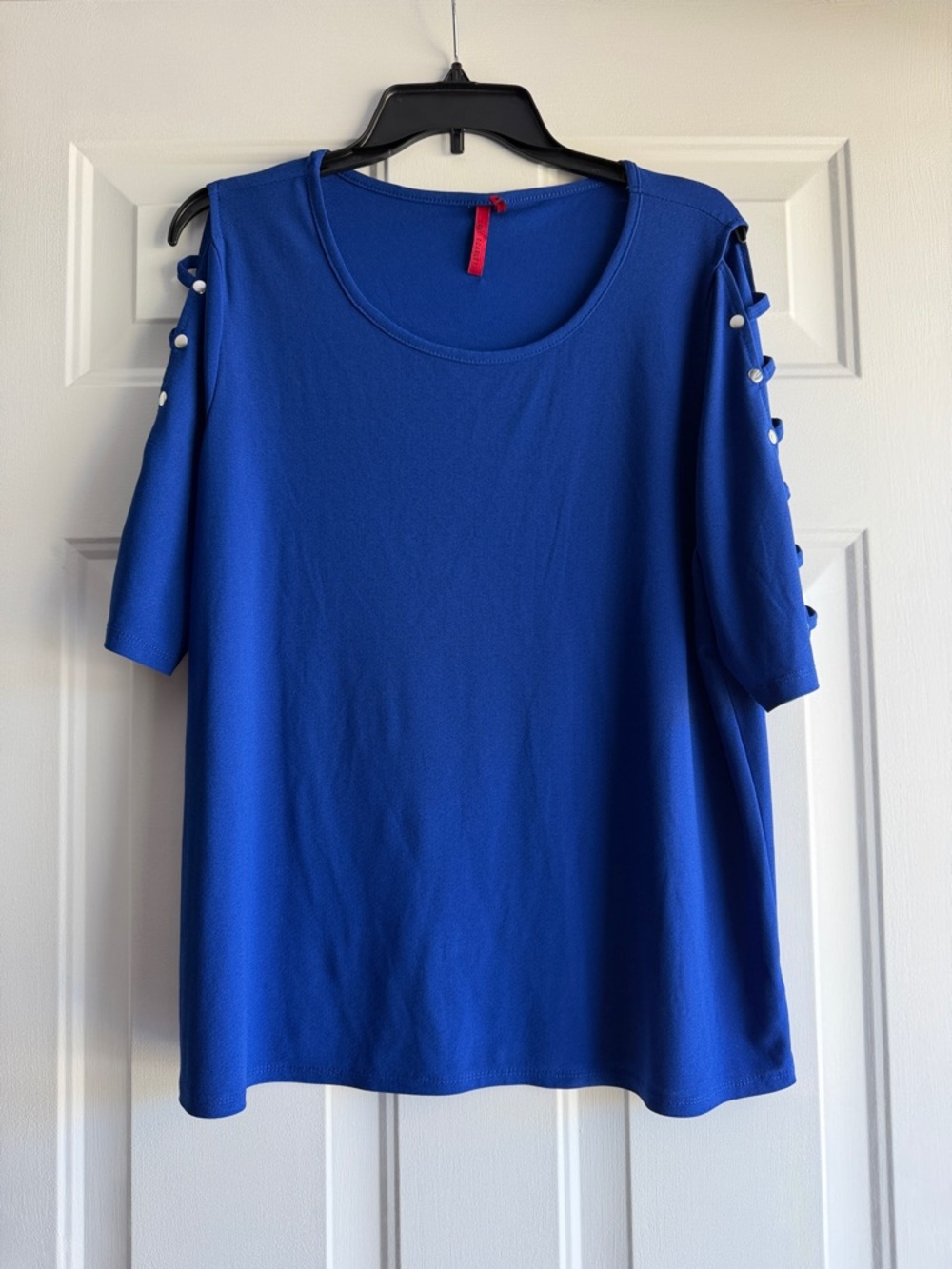 Cold-Shoulder Short Sleeve Top in Royal Blue with Button Trim